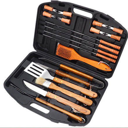 19-Piece Stainless Steel BBQ Camping Tool Set with Wood Handles Easily Cleaned Includes Sticks & Grill Accessories with Case