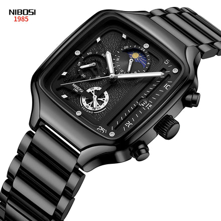 NIBOSI 2573 Water Resistant Quartz Watch 3 Bar Square Stainless Steel Strap Men Watches Luminous Wristwatches