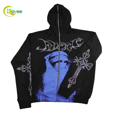 Wholesale Custom Logo Men Rhinestone Y2k Zip Hoodie Full Zip Hoodie Bulk Streetwear
