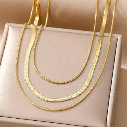 VKME Fashion Women Jewelry Three Clavicle Chain Snake Bone Choker Necklace Jewelry Gold Plated Stainless Steel Flat Snake Chain