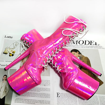 Lace up Platform 8 Inches Laser New Style Pole Dance Ankle Boots Nightclub Stripper Heels Exotic Dancer Stage Show Gothic Womens