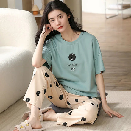 2025 Cute Pajamas Female Cartoon Loose Short Sleeve Trousers Casual Korean Ladies Pajamas Spandex Cotton Set Dress Sleepwear