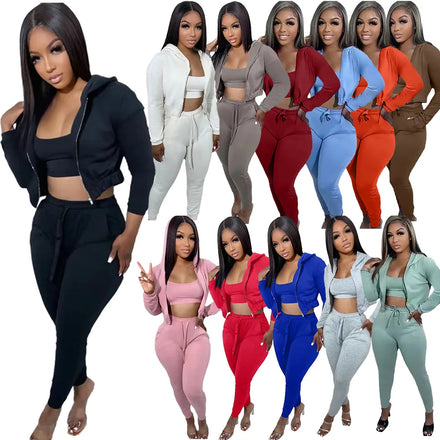 2026 Spring Custom Women Tracksuit Casual 3 Piece Set Long Sleeve Hoodie Jogger Suit Women Sweatsuits