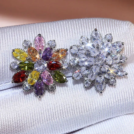 SC Luxury Fantasy Colorful Flower Zircon Bridal Earrings Women Evening Party Shiny Double Layer Zircon Sunflower Stud Earrings