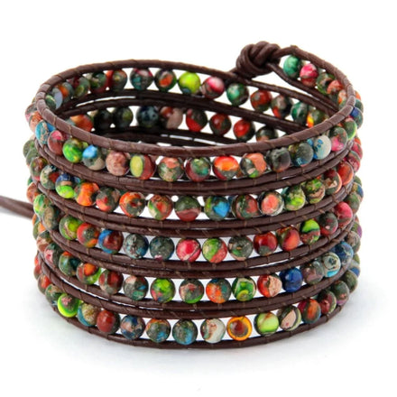Unisex Neo-Gothic Style Penta-Colorful Healing Stone Tibetan Silver Agate Beaded Black Zinc Plated Leather Handcrafted Bangles