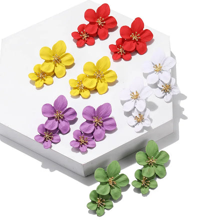 Fashion Hawaiian Bright Color Painting Metal Flower Dangle Earrings Double Flower Earrings for Women