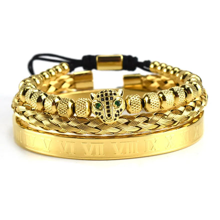 Gold Plated Stainless Steel Bracelet Leopard Head Braided Beaded Set Bangle Bracelet Fashion Jewelry