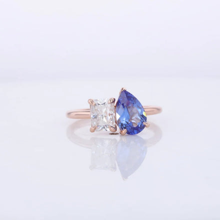 Starsgem 14K Solid Gold Moissanite & Sapphire Toi Et Moi Two Stone Wedding Engagement Ring