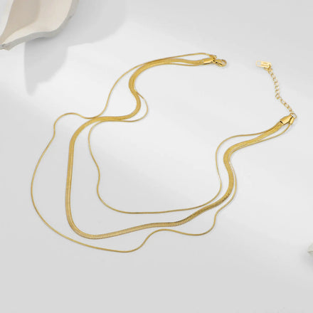 Fashion Charm 316L Stainless Steel Snake Chain Necklace High Polish Thin Three-Layered Herringbone Elegant Pearl Jewelry