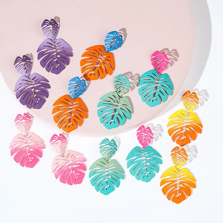 Summer Tropical Double Hollow Leaf Shape Drop Earrings Bright Gradient Color Metal Monstera Leaf Earrings