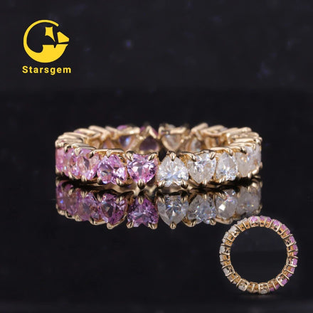 Starsgem Customize 14k Solid Gold Heart Shape White Moissanite and pink Sapphire Diamond Wedding Ring