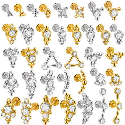 Stainless Steel Gold Plated Gem Labret Crystal Ear Studs Cartilage Tragus Helix Internal Thread Lip Piercing Jewelry