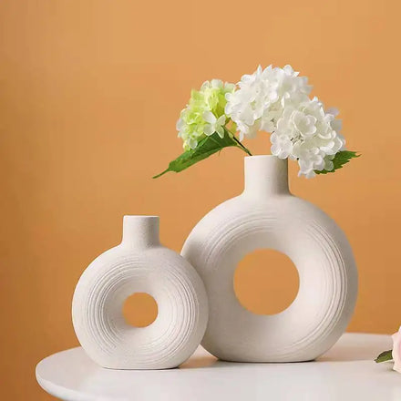 Flower Vases Nordic Minimalism Style Modern Design Ceramic Hollow Donut Vase Set of 2 Wedding Tabletop Vase