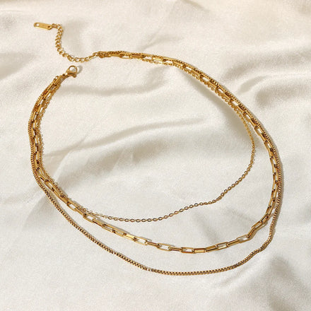 Fashion 316L Stainless Steel Unisex Minimalist Charm Necklace Three Layered Geometric Paper Clip Box Link Chain 18K Gold Party