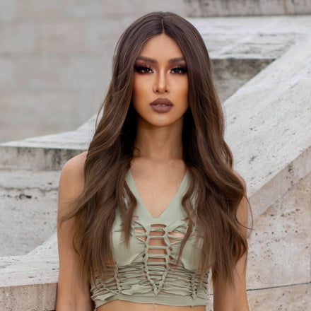 Japan Fiber Brown Ombre Lace Synthetic Hair Wigs Long Body Wave Transparent Lace Wig Natural 13x1 T-Part Closure Wig