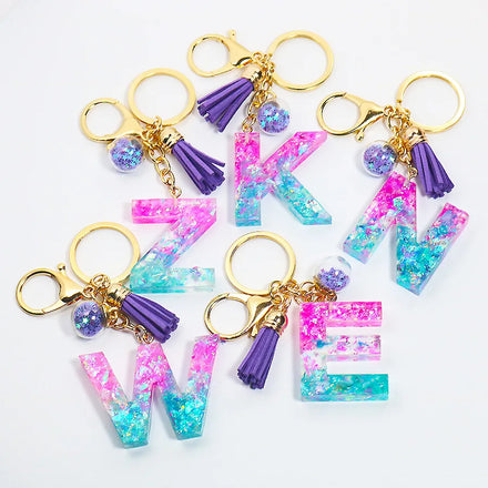 New PVC Sequin Resin Key Chain Acrylic Keyring PU Leather Tassel Custom Crystal Letter Keychain