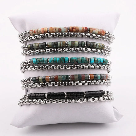 New Design 4mm Natural Stone Stainless Steel Chain Beaded Bracelet Men JBS12351