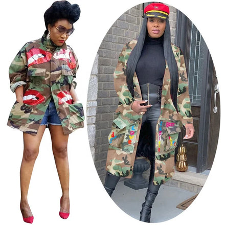 Womens Cool Jackets Sequin Red Lips Camo Blazer Camouflage Coat Oversized Green Button up Cardigan Long Jacket