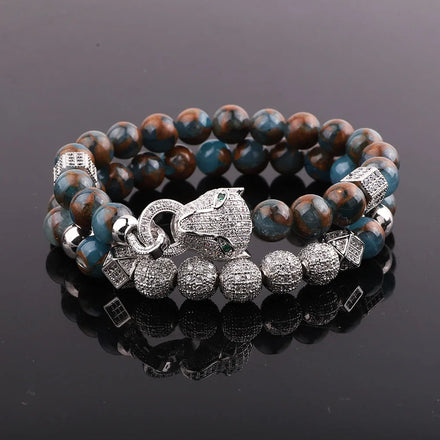New Design Natural Stone CZ Leopard Charm Elastic Beaded Bracelet Set Women Men JBS12353