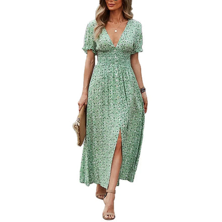 Long Vacation Style Print Dress Women Elastic Waist V Neck Big Swing Fashion Summer Short Sleeve Dresses New 2026