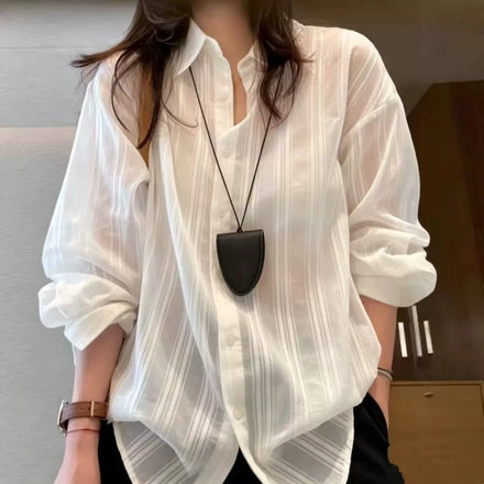 Summer Spring Women Shirts Blouses Cotton Lapel Collar Thin Tops Button Long Sleeve Solid Color Lady Clothes Casual Shirt