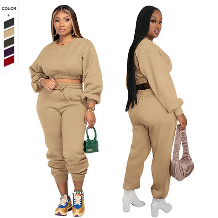 Gym Clothing Wholesale Athletic Set New Round Neck Loose CropTop Solid Color Hoddies Bind Feet Pants for Women