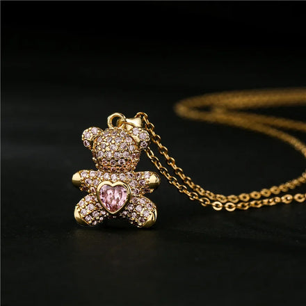 Wholesale Cute Animal Bear Charm Pendant Necklace Jewelry Copper Gold Plated Bling Cubic Zircon Teddy Bear Necklace