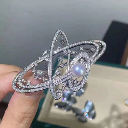 Cosmic Galaxy Brooch for Women 7-7.5MM Natural Freshwater Pearl Saturn Empress Dowager Design Elegant Pearl Jewelry
