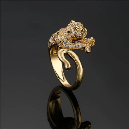 Style Cubic Zirconia Gold Color 3d Stereo Animal Leopard Ring Womens Mens Ring Hiphop Ice Out Bling Panther Ring
