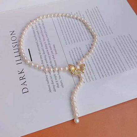 48CM Long Bow Tie Casual Necklace 7-8MM Round Natural Freshwater Pearl Necklace Women's Pearl Jewelry