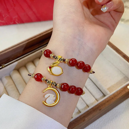 New Chinese Style Red Agate Acacia Bean Rabbit Bracelet Natural Jade Stone Bracelets Bangle