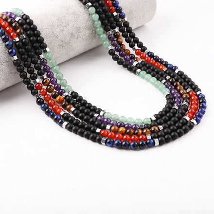 New Fashion Natural Stone Tiger Eye Matte Onyx Hematite Beads Stainless Steel Clasp Long Necklace Men 55cm