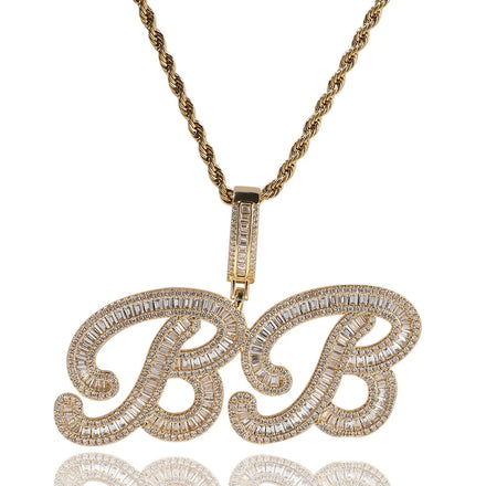 Iced Custom Name Zircon Round Hip Hop Brass Gold Plated Personalized Initial Baguette Brush Letter Pendant Link Chain Necklace