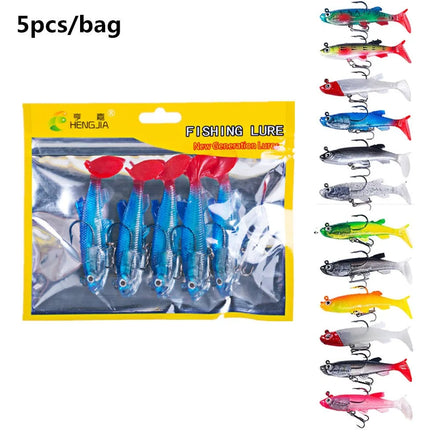 Wholesale SO053 8cm 14g 5pcs/bag Lead Head Fish Shape Baits Soft Fishing Lures with T Tail