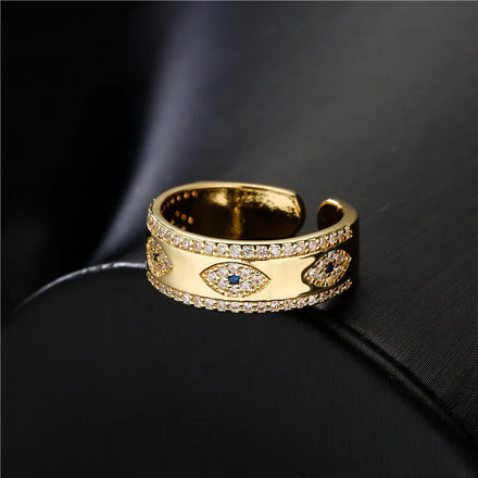 Hot Design 18k Real Gold Plated Inlaid Devil Eye Adjustable Ring