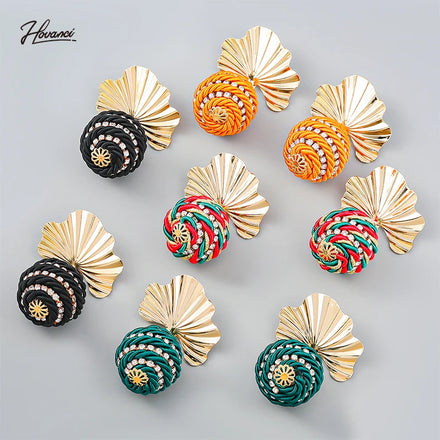 HOVANCI Elastic Thread Spiral Weaving Rattan Earring Findings Custom Brass Earrings Handmade Metal Leaf Flower Shape Earring