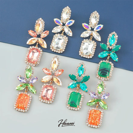 HOVANCI Exaggerated Crystal Geometric Flower Stud Earrings Micro Pave Flower Big Drop Rainbow Topaz Crystal Earring for Women