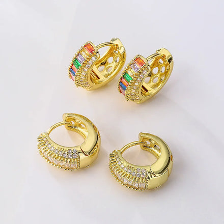 Hot Sell and New Design Copper Jewelry Wholesale Gold Color Hoop Zirconia Rhinestone Hollow Earrings