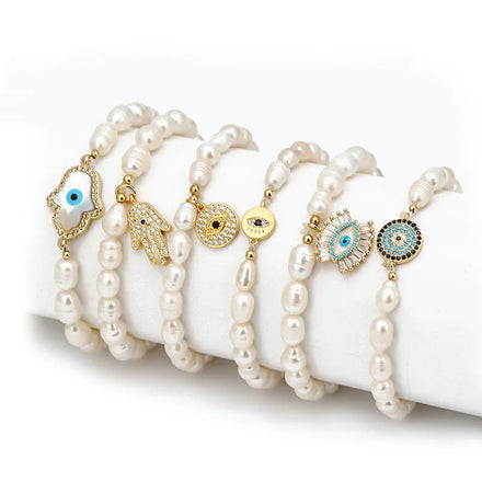 New Arrival Natural Freshwater Pearl Bracelet Jewelry Europe Turkish Blue Evil Eye Charm Bracelet for Women Girls