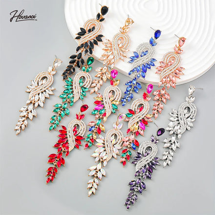 HOVANCI Boho Wedding Jewelry Full Crystal Rhinestone Gold-Plated Earrings Leaf-Shape Bridal Jewelry for Party or Gift