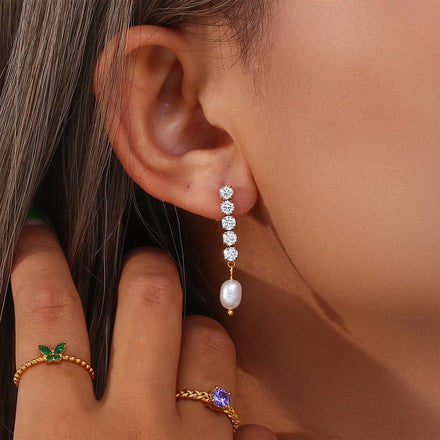 Fashion Luxury Steel Jewelry Real Pearl Drop Earrings Zircon Link Chain Pendent Earrings Women Jewelry Freshwater Pearl Earring