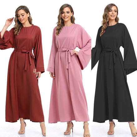 Wholesale Solid Color Plus Size Women's Traditional Muslim Clothing Long Dress Vintage Kaftan Islamic Maxi Skirt Robe with Tie