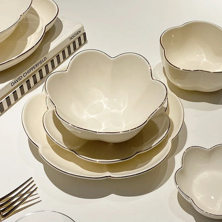 Light Luxury Cream Flower Shape Gold Rim Ceramic Tableware Set Modern French Ceramic Salad Dessert Plate