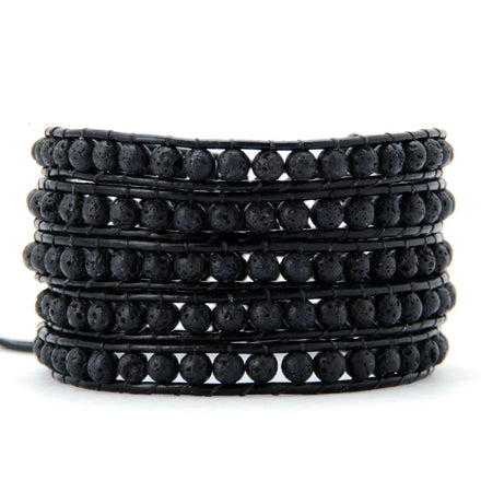 Men's Precious Lava Stone Leather Wrap Bracelet with Boho Beads Essential Oil Diffuser Fashion Accessory