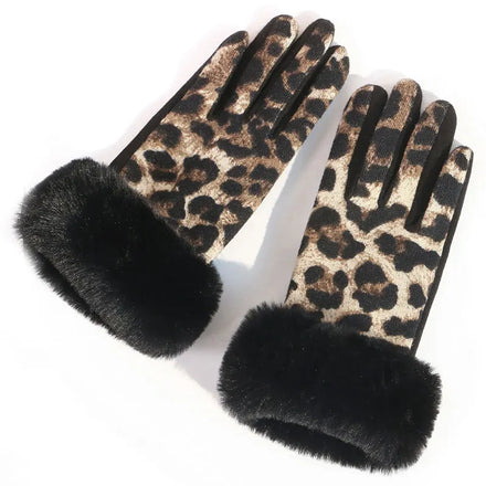 Women Leopard Pattern Winter Gloves Furry Warm Soft Full Finger Mittens Ladies Out Outdoor Sport Touch Screen Gloves