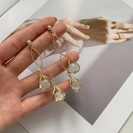 Long Retro Earrings Temperament Tassel 14K Gold Plated Cat Eye Stone Earrings Charrm Jewelry Women