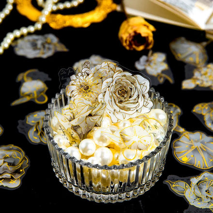 30Pieces/Pack Pet Gold Foil Stickers Pack Florescence Series Plant Vintage Flower Decorative Collage Notebook 4 Models