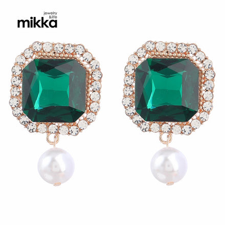 Super Flash Claw Chain Square Alloy Earrings with Pearl for Women in Europe and America Green Silver Gold Rose Red