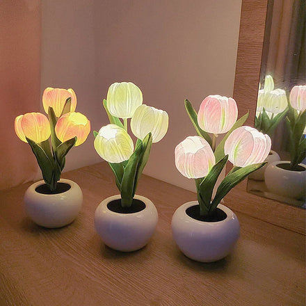 Christmas Artificial Flower Potted Dried Flower Simulation Bouquet Tulip Table Lamp for Bedroom