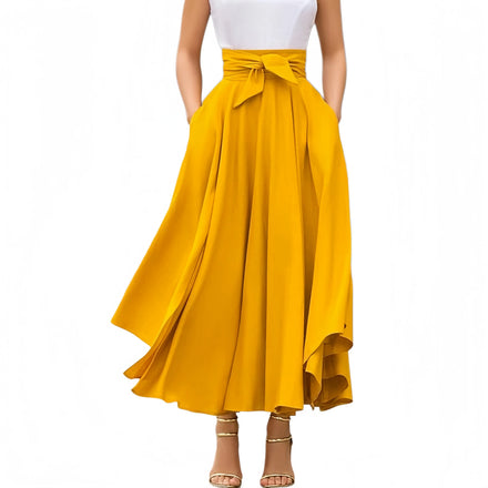 New High Waist Pockets Women's Skirt Summer Spring Elegant Bow Pleated Dress Ladies Casual Large Hem Skirts